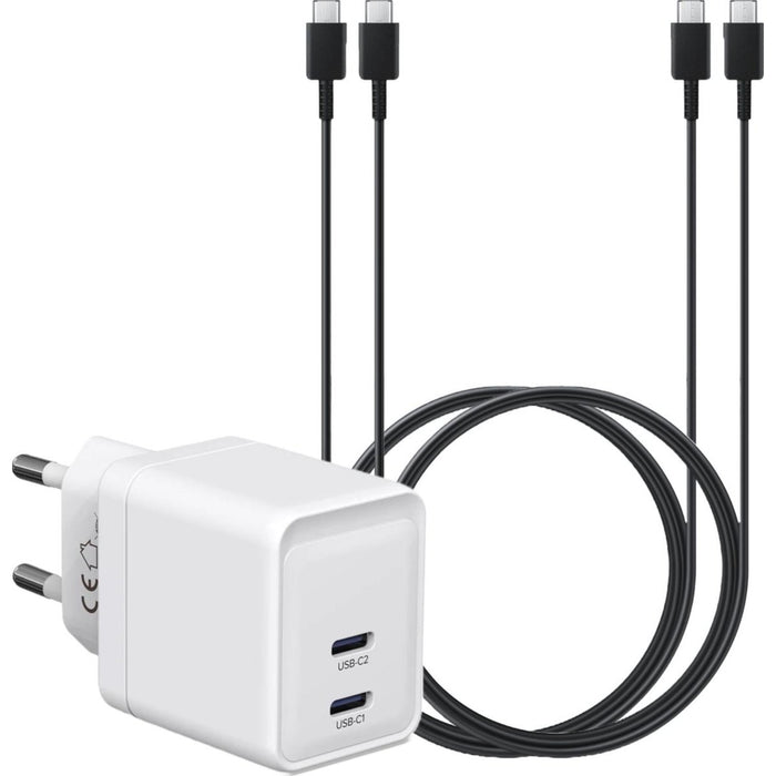 Snellader met 2x USB-C Poorten + 2x Stevige USB C Kabel 2 Meter - GaN Technologie - 35W Super Fast Charger - Geschikt voor Apple Macbook Air, ChromeBook, Samsung Galaxy, Tablet, Smartphone, Google Pixel