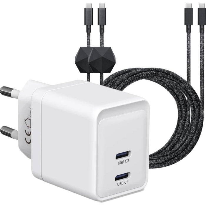 Snellader met 2x USB-C Poorten + 2x Stevige USB C Kabel 3 Meter - GaN Technologie - 35W Super Fast Charger - Geschikt voor Apple Macbook Air, ChromeBook, Samsung Galaxy, Tablet, Smartphone, Google Pixel