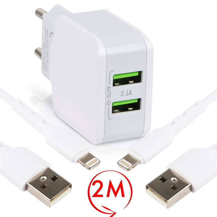 Snellader met Dubbele USB Poort met 2x iPhone Kabel 2 Meter voor iPhone, iPad en meer