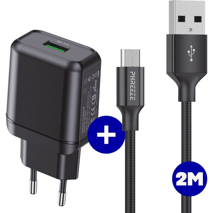Snellader met Gevlochten USB-C Kabel 2 Meter - 18W Quick Charge 3.0 Adapter + Nylon Gevlochten USB-C Snoer