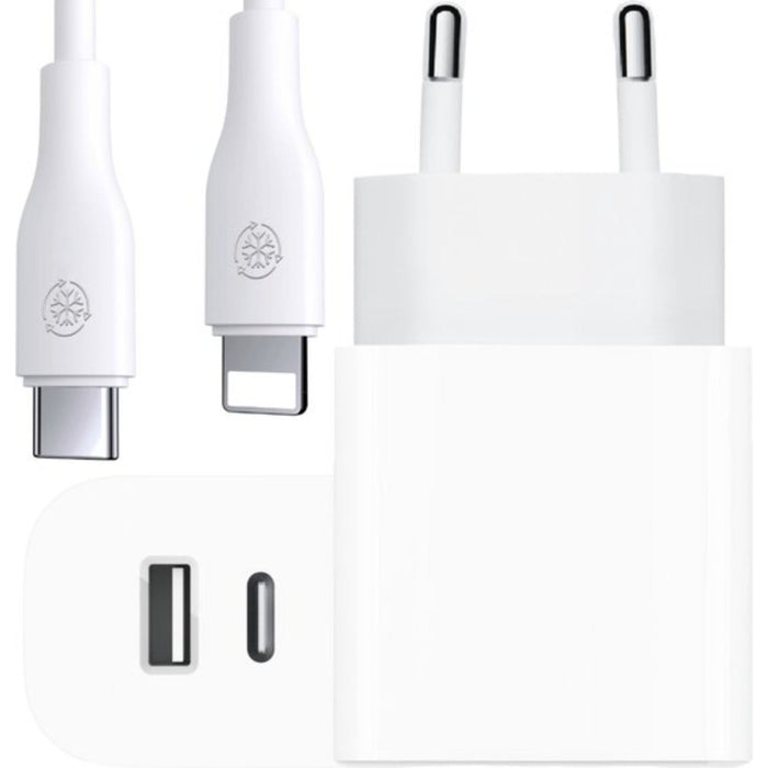 Snellader USB-C & USB-A met USB-C to Apple Lightning Kabel 3 Meter - Oplaadstekker + iPhone Kabel - 38W Max - Adapter USB-C & USB-A Snellader (iPhone 12 & 13) - MagSafe Oplader - Samsung Lader - Android - Oplader Telefoon