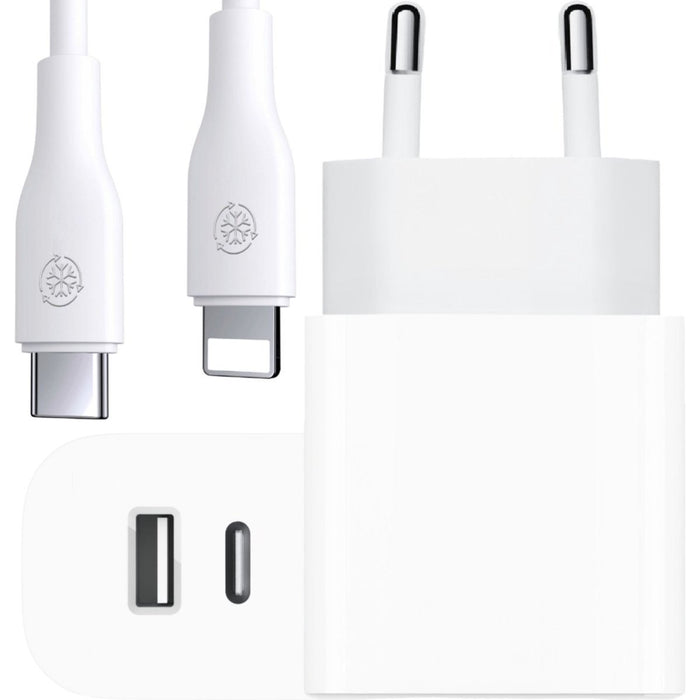 Snellader USB-C & USB-A met USB-C to Apple Lightning Kabel - Oplaadstekker + iPhone Kabel - Quick Charge 18W + Power Delivery 20W - Adapter USB-C & USB-A Snellader (iPhone 12 & 13) - MagSafe Oplader - Samsung Lader - Android - Oplader Telefoon