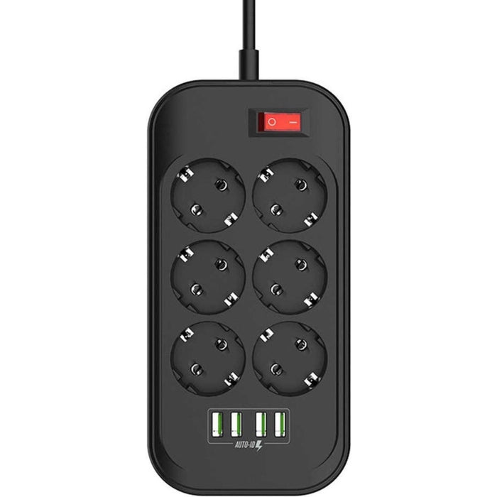 Stekkerdoos met USB Poorten en Schakelaar - 6-Voudig met 4x USB met Overspanbeveiliging - Kindvriendelijk - Randaarde -Zwart | Stekkerdoos USB | Stekkerdoos Zwart | Stekkerdoos met Schakelaar | Stekkerdoos met USB | Stekkerdoos