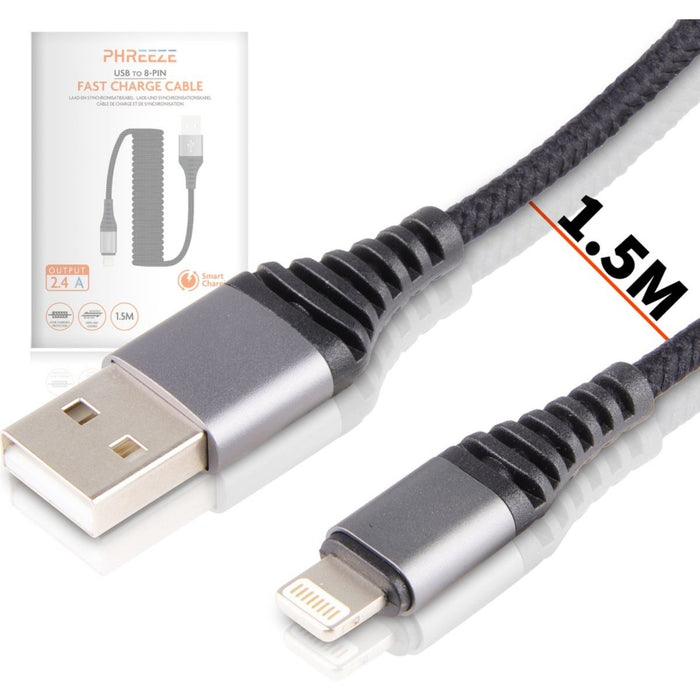 Uitrekbare iPhone Kabel 1.5 Meter - Krulsnoer iPhone Lader - Duurzaam Gevlochten Nylon - 2.4A Quick Charge -iPhone oplader - iPhone kabel - iPhone oplaadkabel - iPhone snoertje - iPhone snoertje - Lightning Kabel - Opladerkabel