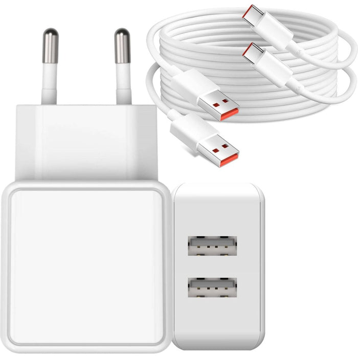 USB-A Adapter met 2 USB Poorten + 2x USB naar USB-C Kabel - 1 Meter - Geschikt voor Samsung - Oplader Samsung Galaxy Smartphone en Tablet - 12W Snellader - Wit