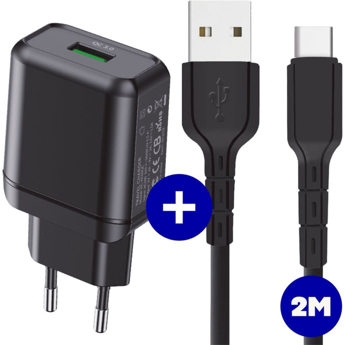 USB Adapter met USB-C Kabel - 2 Meter - Snellader - Quick Charge 18W - Voor Samsung S21,Tab S7,Tab A8,Tab S6 Lite, A52, A53, A51, A13, S22, S21, S10 - Opladers - Phreeze
