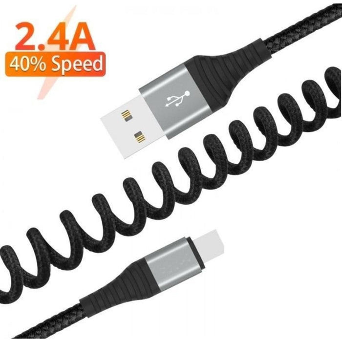USB-C Data- en Laadkabel 1.5M - Uitrekbaar - Krulsnoer- 2.4A Snellader Kabel - Fast en Quick Charge Oplaadkabel - Type C Naar USB-A - Oplaadsnoer Telefoon - Laptop - Samsung Galaxy en Note - Sony - OnePlus - Gevlochten Nylon – Zwart