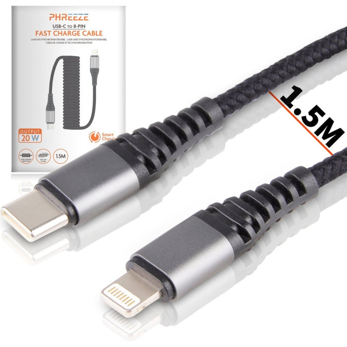 USB-C naar Lightning kabel - Uitrekbaar tot 1.5M - Krulsnoer iPhone Kabel - Autolader iPhone - Geschikt voor iPhone/iPad/Airpods - Ondersteunt snelladen vanaf iPhone 8/X/XR/XS/11/12/13 - 2m - Kabels - Phreeze