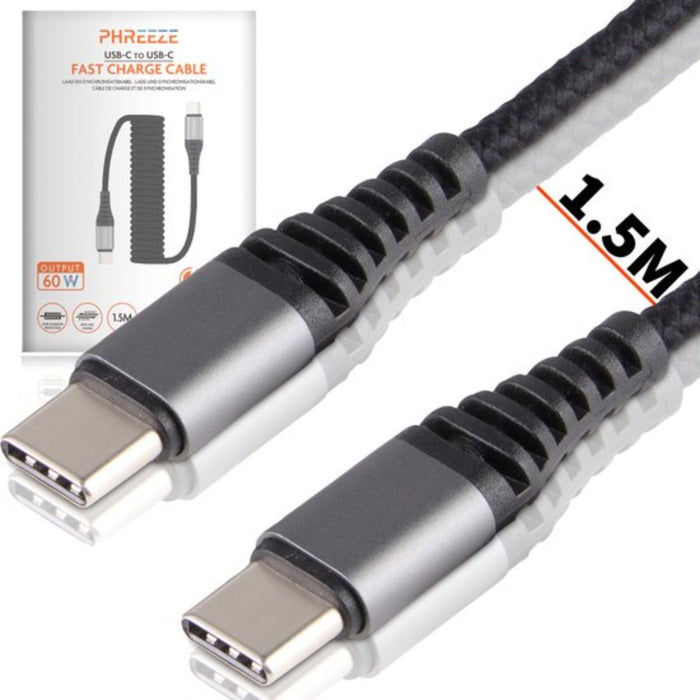 USB-C naar USB-C Kabel 60W - Krulsnoer Kabel Auto - Gevlochten Nylon - Extra Sterk - 2 Meter - Type C Kabel - USBC Oplader Kabel - USB C Datakabel - Samsung Kabel - Opladerkabel USB-C - Laptop - Android - Kabels - Phreeze