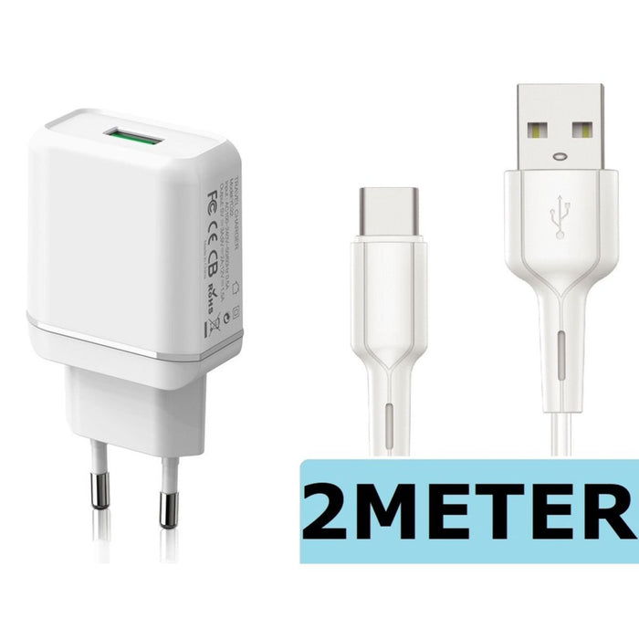 USB Stekker met USB-C Kabel 2 Meter - Snellaadfunctie - Oplaadsnoer - Oplader - Snellaadfunctie - USB Oplader - Samsung Snellader - Oplader Samsung - Fast Charging - Samsung Adapter - Samsung Snellader - Adapter USB - Adapter Universeel - PowerPort