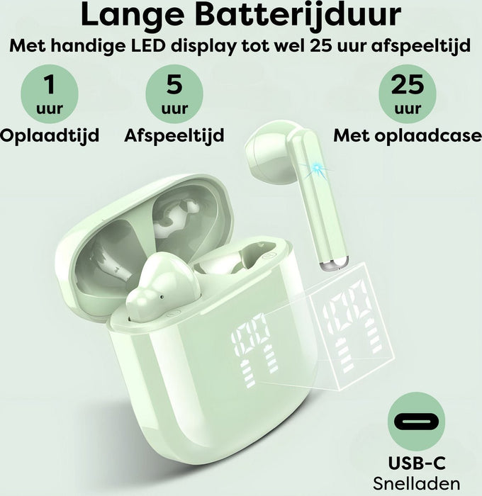 Draadloze Oortjes met LED Display - Bluetooth 5.3 - Groen - Volledig Draadloos - Oordoppen met Microfoon - Oordopjes Bluetooth - Earbuds - Oordopjes - Phreeze
