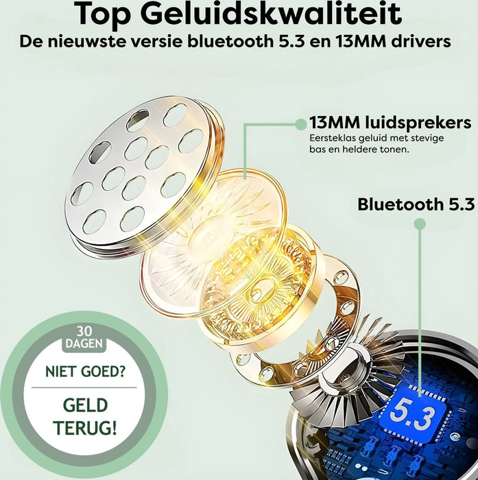 Draadloze Oortjes met LED Display - Bluetooth 5.3 - Groen - Volledig Draadloos - Oordoppen met Microfoon - Oordopjes Bluetooth - Earbuds - Oordopjes - Phreeze
