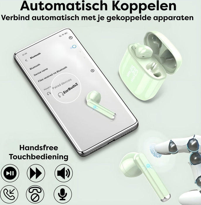 Draadloze Oortjes met LED Display - Bluetooth 5.3 - Groen - Volledig Draadloos - Oordoppen met Microfoon - Oordopjes Bluetooth - Earbuds - Oordopjes - Phreeze