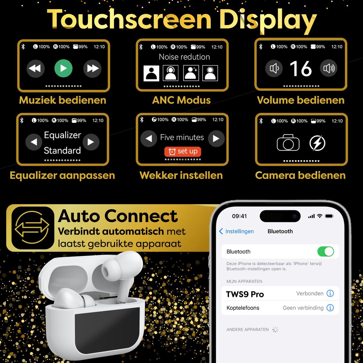 In - Ear Draadloze Oordopjes met Touch Display - Geschikt voor iPhone Oortjes - Nieuwe Bluetooth 5.4 - Noise Cancelling - Oortjes Draadloos - Originele Wireless EarBuds - Phreeze TWS9 Pro - Oordopjes - Phreeze