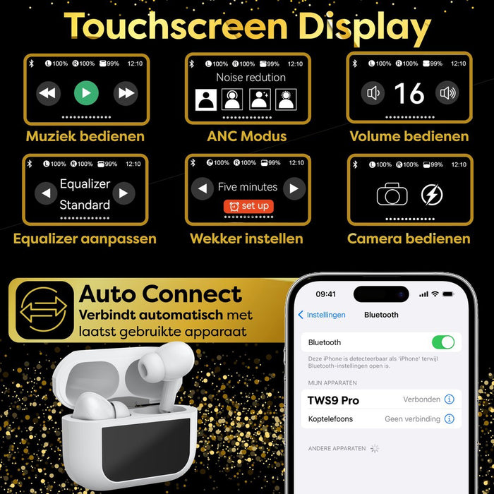 In - Ear Draadloze Oordopjes met Touch Display - Geschikt voor iPhone Oortjes - Nieuwe Bluetooth 5.4 - Noise Cancelling - Oortjes Draadloos - Originele Wireless EarBuds - Phreeze TWS9 Pro - Oordopjes - Phreeze