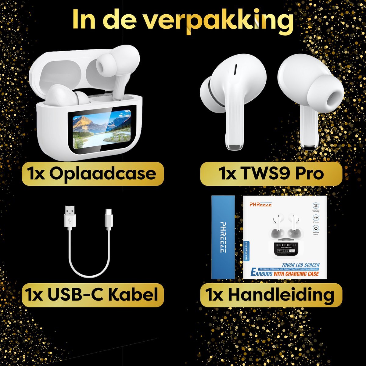 In - Ear Draadloze Oordopjes met Touch Display - Geschikt voor iPhone Oortjes - Nieuwe Bluetooth 5.4 - Noise Cancelling - Oortjes Draadloos - Originele Wireless EarBuds - Phreeze TWS9 Pro - Oordopjes - Phreeze