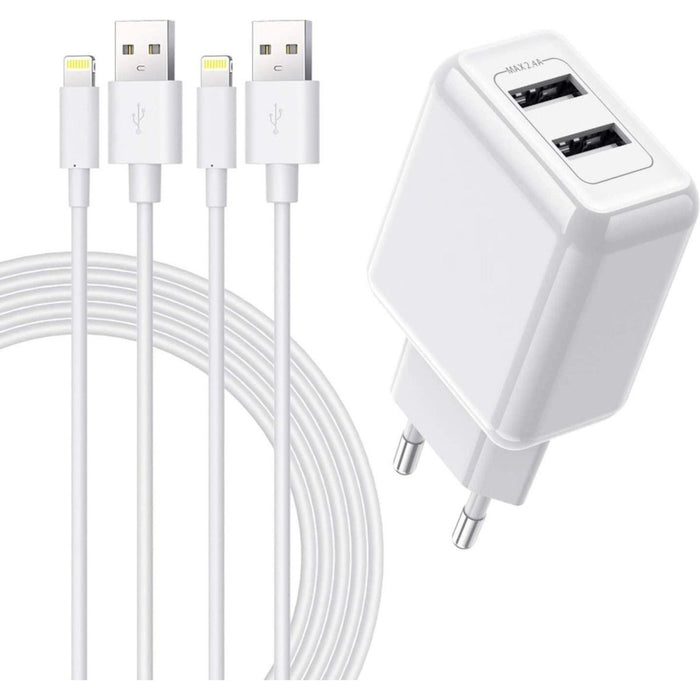 12 W 2 poorts iPhone-oplader + 2 stuks 1 meter iPhone-oplaadkabel | [gecertificeerd] USB-voeding en Lightning-kabel voor iPhone SE 2020 XS Max XR X 8 Plus 7 Plus 6 Plus 5s SE iPad Airpods - Opladers - Phreeze