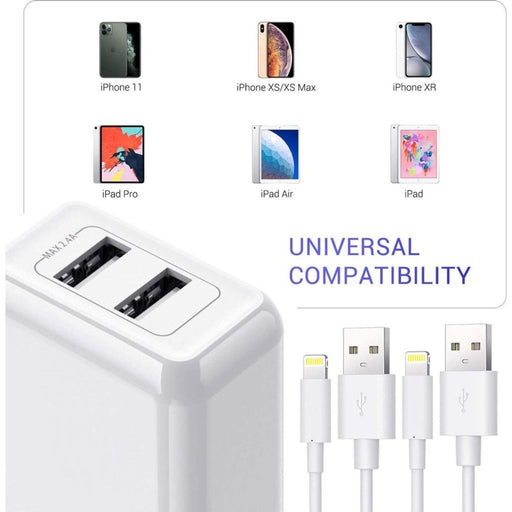 12 W 2 poorts iPhone-oplader + 2 stuks 2 meter iPhone-oplaadkabel | [gecertificeerd] USB-voeding en Lightning-kabel voor iPhone SE 2020 XS Max XR X 8 Plus 7 Plus 6 Plus 5s SE iPad Airpods - Opladers - Phreeze