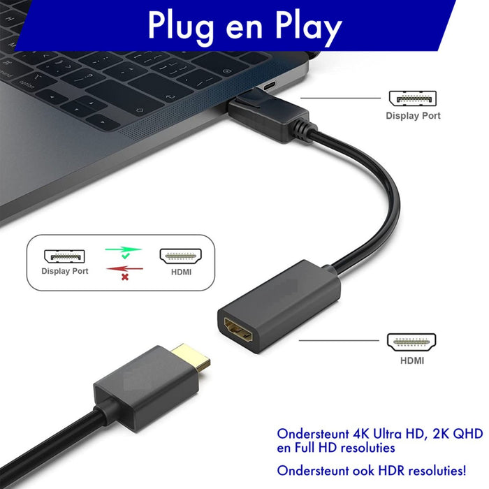 Displayport naar HDMI Adapter Kabel - Plug and play - Desktop en laptops - 4K Ondersteuning - Beamer - projector - Voor Samsung/Razer/Iiyama/AOC/Benq/LG/Apple Macbook /iMac/Surface/Dell/Lenovo/Samsung/HP