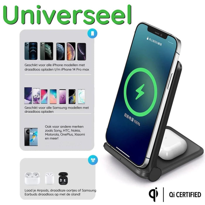 Phreeze 2-in-1 Draadloze Oplader - 15W - Snellader - Wireless Fast Charger - Geschikt voor Apple iPhone, Apple Airpods, Samsung Galaxy S20, S21, S22, Z Fold 4, Z Flip 4