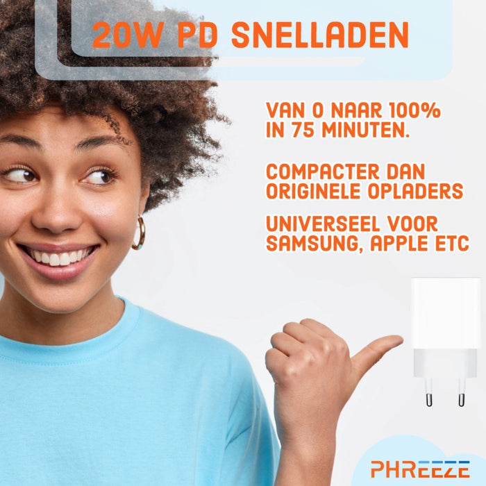 20W USB-C Snellader met iPhone Kabel - iPhone oplader - Wit - Premium Edition - Opladers - Phreeze