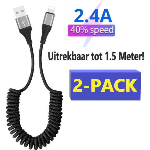 2x iPhone oplader kabel | 1.5M | Uitrekbaar | Krulsnoer | Nylon | Geschikt voor Apple iPhone 6,7,8,X,XS,XR,11,12,Mini,Pro Max- iPhone kabel - iPhone oplaadkabel - iPhone snoertje - iPhone lader - Kabels - Phreeze