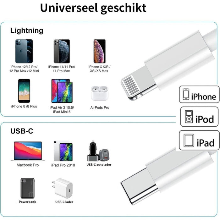 2x iPhone oplader kabel USB-C naar lightning kabel geschikt voor Apple iPhone 12 (Mini, Pro, Pro Max) - iPhone oplaadkabel - iPhone kabel - Lightningkabels - iPhone 12 oplader - iPhone 12 oplaadkabel - Kabels - Phreeze