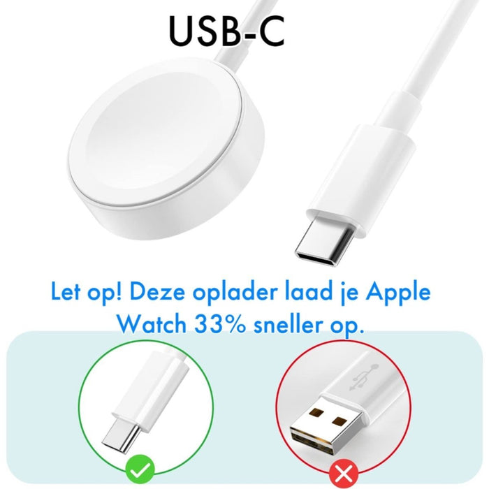 2x Opladerkabel voor Apple Watch Serie 1 t/m 7 - USB-C Snellader Oplader voor de iWatch - 2 Meter - Wit - Opladers - Phreeze