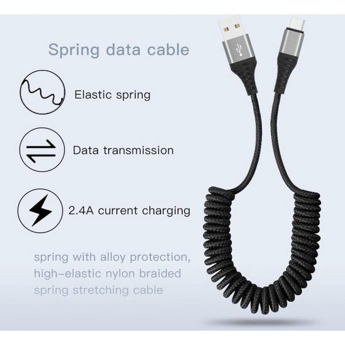 2x USB-C Data- en Laadkabel 1.5M - Uitrekbaar - Krulsnoer- 2.4A Snellader Kabel - Fast en Quick Charge Oplaadkabel - Type C Naar USB-A - Oplaadsnoer Telefoon - Laptop - Samsung Galaxy en Note - Sony - OnePlus - Gevlochten Nylon – Zwart - Kabels - Phreeze