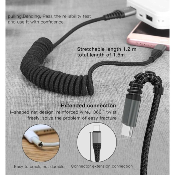 2x USB-C Data- en Laadkabel 1.5M - Uitrekbaar - Krulsnoer- 2.4A Snellader Kabel - Fast en Quick Charge Oplaadkabel - Type C Naar USB-A - Oplaadsnoer Telefoon - Laptop - Samsung Galaxy en Note - Sony - OnePlus - Gevlochten Nylon – Zwart - Kabels - Phreeze