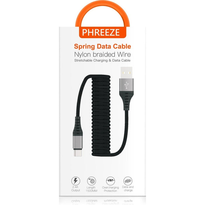 2x USB-C Data- en Laadkabel 1.5M - Uitrekbaar - Krulsnoer- 2.4A Snellader Kabel - Fast en Quick Charge Oplaadkabel - Type C Naar USB-A - Oplaadsnoer Telefoon - Laptop - Samsung Galaxy en Note - Sony - OnePlus - Gevlochten Nylon – Zwart - Kabels - Phreeze