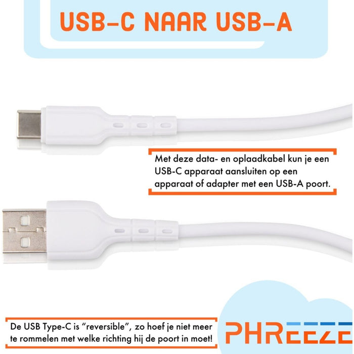 2x USB C Data- en Laadkabel - 2.4A Snellader Kabel - Fast en Quick Charge Oplaadkabel - Type C Naar USB-A - Oplaadsnoer Telefoon - Laptop - Samsung Galaxy en Note - Xiaomi - OnePlus - 1 Meter - Kabels - Phreeze