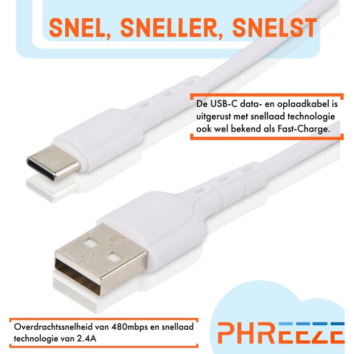 2x USB C Data- en Laadkabel - 2.4A Snellader Kabel - Fast en Quick Charge Oplaadkabel - Type C Naar USB-A - Oplaadsnoer Telefoon - Laptop - Samsung Galaxy en Note - Xiaomi - OnePlus - 1 Meter - Kabels - Phreeze