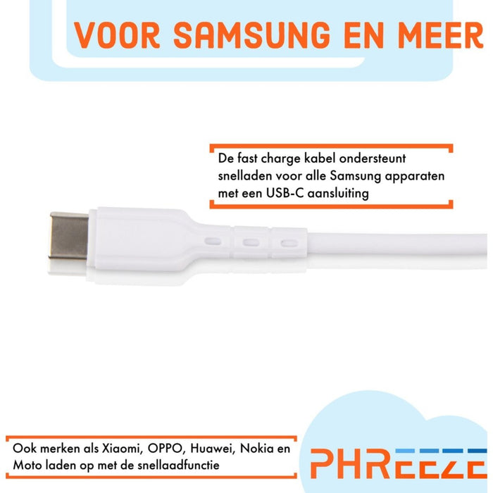 2x USB C Data- en Laadkabel - 2.4A Snellader Kabel - Fast en Quick Charge Oplaadkabel - Type C Naar USB-A - Oplaadsnoer Telefoon - Laptop - Samsung Galaxy en Note - Xiaomi - OnePlus - 1 Meter - Kabels - Phreeze