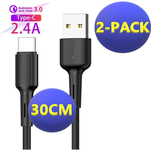 2x USB-C Data- en Laadkabel 30 CM - 2.4A Snellader Kabel - Fast en Quick Charge Oplaadkabel - Type C Naar USB-A - Oplaadsnoer Telefoon - Laptop - Samsung Galaxy en Note - Sony - OnePlus - Gevlochten Nylon – Zwart - Kabels - Phreeze