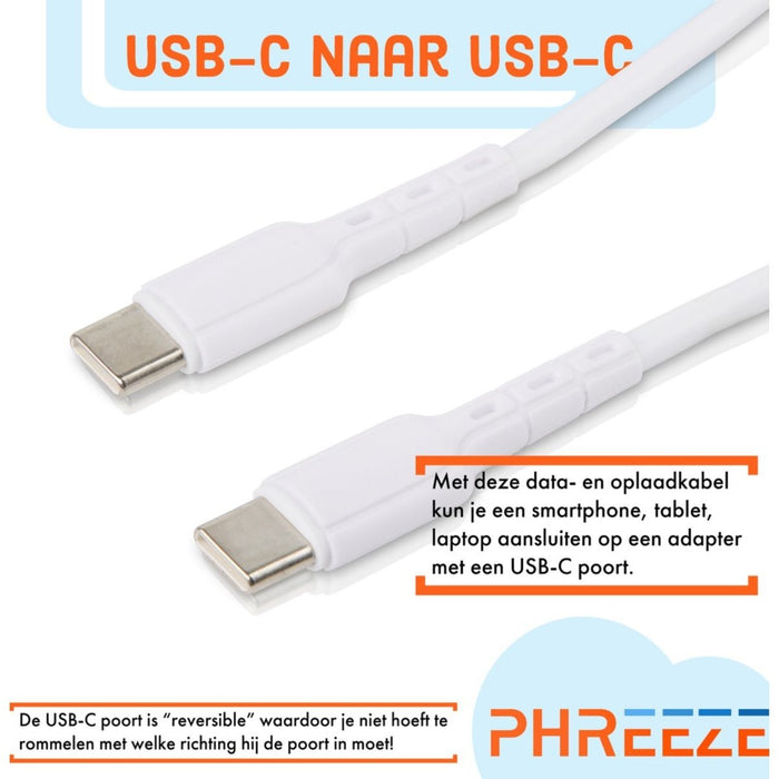 2x USB C Data- en Laadkabel - 3A/60W Snellader Kabel - Fast en Quick Charge Oplaadkabel - Type C Naar USB-C - Oplaadsnoer Telefoon - Laptop - Samsung Galaxy en Note - Xiaomi - OnePlus - 1 Meter - Kabels - Phreeze
