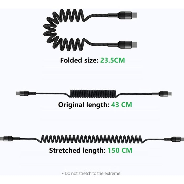 2x USB-C Data en Oplaadkabel – USB-C - 1.5M - Uitrekbaar - Krulsnoer- Kabel - 2.4A Snellaadfunctie - USB Charging Cable - Oplaadkabel Samsung - Samsung Oplader - Samsung Oplaadkabel - Samsung Oplaadkabel - Kabels - Phreeze