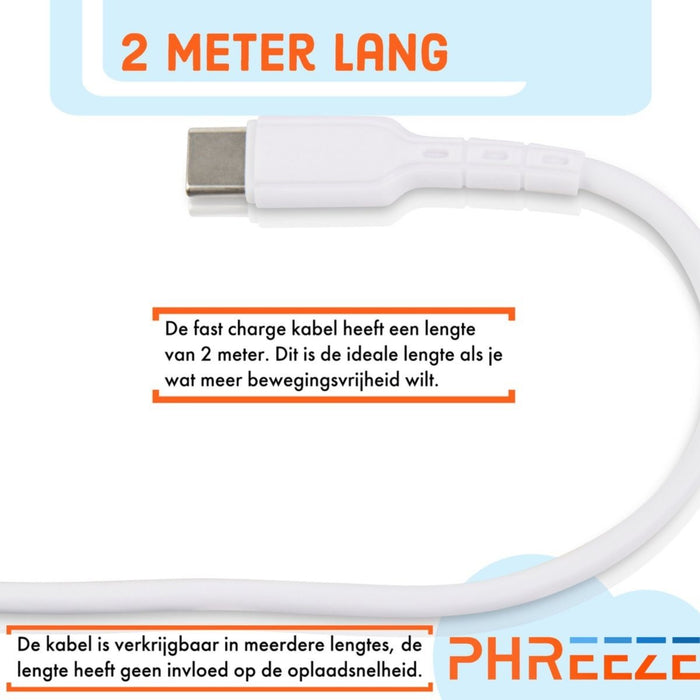 2x USB C naar USB-C Kabel 2 Meter - 60W Super Fast Charge - USB-C Oplader - Oplaadkabel Samsung - Datakabel USB-C - Snellader Samsung - Oplader Samsung A12 / Samsung S20 / Xiaomi Poco X3 Pro / Redmi Note 10 Pro / Oppo A74 / OnePlus Nord 2 - Kabels - Phreeze