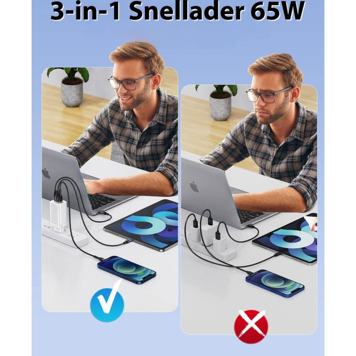 3-in-1 USB-C Snellader - 65W Oplader - GaN Snelle Lader - USB C Adapter - 3 Poorten - Geschikt voor Apple iPhone 12/13/14, iPad 2022, iPad Air, MacBook Air, MacBook Pro - Opladers - Phreeze