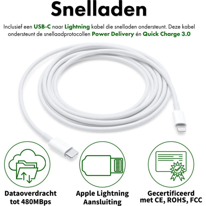 35W iPhone Power Adapter + Lightning Opladerkabel voor Apple - 2 Meter - Met 2 Usb C Poorten - USB-C Snellader voor Apple Macbook Air, iPhone, iPad, Airpods, Apple Watch - Originele Phreeze Oplader - Opladers - Phreeze