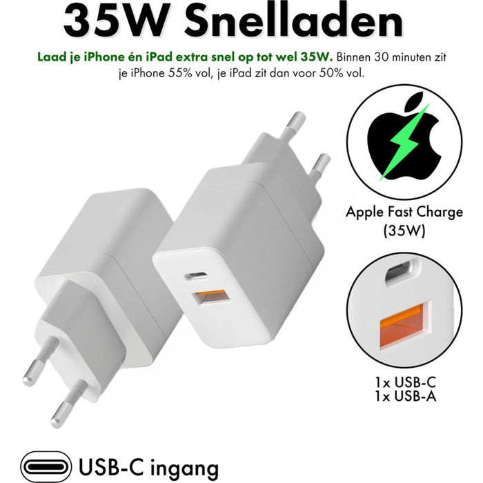 35W Power Adapter USB-C en USB-A - Geschikt voor Apple Oplader - 2 Usb C Poorten - 20W 18W 30W 35W - USB-C Snellader voor Apple Macbook Air, iPhone, iPad, Airpods, Apple Watch - Originele Phreeze Oplader - Opladers - Phreeze