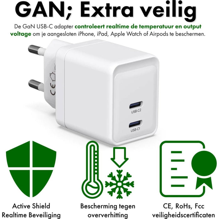 35W Power Adapter USB-C - Geschikt voor Apple Oplader - 2 Usb C Poorten - 20W 18W 30W 35W - USB-C Snellader voor Apple Macbook Air, iPhone, iPad, Airpods, Apple Watch - Originele Phreeze Oplader - Opladers - Phreeze