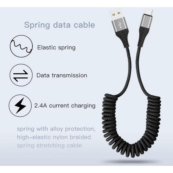 3x USB-C Data- en Laadkabel 1.5M - Uitrekbaar - Krulsnoer- 2.4A Snellader Kabel - Fast en Quick Charge Oplaadkabel - Type C Naar USB-A - Oplaadsnoer Telefoon - Laptop - Samsung Galaxy en Note - Sony - OnePlus - Gevlochten Nylon – Zwart - Kabels - Phreeze
