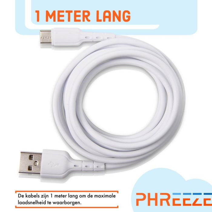 4x USB-C Data- en Laadkabel - 2.4A Snellader Kabel - Fast en Quick Charge Oplaadkabel - Type C Naar USB-A - Oplaadsnoer Telefoon - Laptop - Samsung Galaxy en Note - Sony - OnePlus - Xiaomi - Kabels - Phreeze