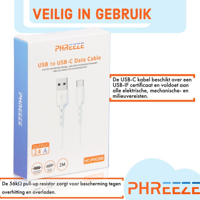 4x USB-C Data- en Laadkabel - 2.4A Snellader Kabel - Fast en Quick Charge Oplaadkabel - Type C Naar USB-A - Oplaadsnoer Telefoon - Laptop - Samsung Galaxy en Note - Sony - OnePlus - Xiaomi - Kabels - Phreeze