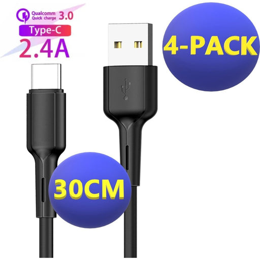 4x USB-C Data- en Laadkabel 30 CM - 2.4A Snellader Kabel - Fast en Quick Charge Oplaadkabel - Type C Naar USB-A - Oplaadsnoer Telefoon - Laptop - Samsung Galaxy en Note - Sony - OnePlus - Gevlochten Nylon – Zwart - Kabels - Phreeze