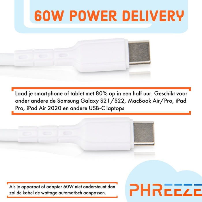 4x USB-C Data- en Laadkabel - 60W Snellader Kabel - Fast en Quick Charge Oplaadkabel - Type C Naar USB-C - Oplaadsnoer Telefoon - Laptop - Samsung Galaxy en Note - Sony - OnePlus - Xiaomi - Kabels - Phreeze