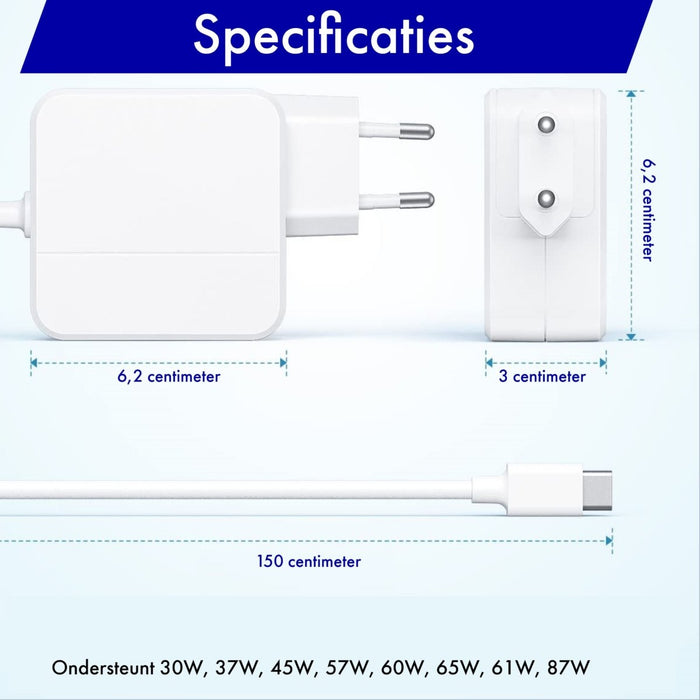 87W Snellader voor Macbook Pro - Voedingsadapter - Oplader voor Macbook Pro 16/15/14/13 inch - Macbook Air 2022/2021/2020/2019 - iPad Pro 12.9 en 11 inch - iPad Air 4 - HP, Lenovo - Snelle Oplader - 2M USBC naar USB C Kabel - Accu Laders - Phreeze