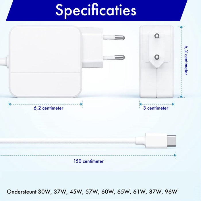 96W Snellader voor Macbook Pro - Voedingsadapter - Oplader voor Macbook Pro 16/15/14/13 inch - Macbook Air 2022/2021/2020/2019 - iPad Pro 12.9 en 11 inch - iPad Air 4 - HP, Lenovo - Snelle Oplader - 2M USBC naar USB C Kabel - Opladers - Phreeze