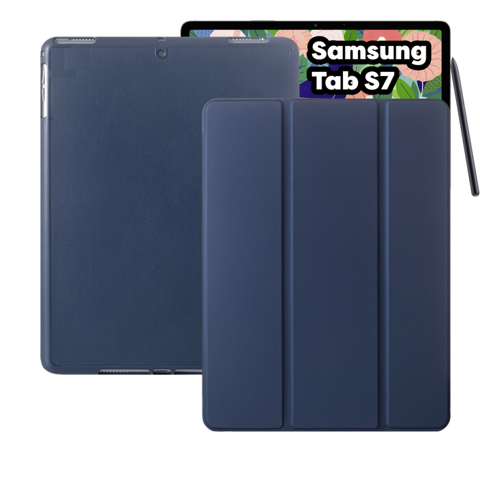 Samsung Galaxy Tab S7 Hoes - Donker Blauw Smart Folio Cover met Samsung S Pen Vakje - SM-T870 Tab S7 Hoesje Case Cover
